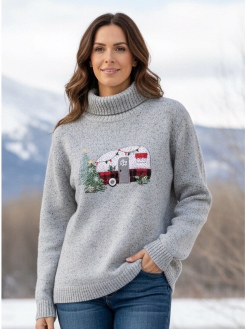 Christopher & Banks Gray Turtleneck Christmas Camper Festive Sweater Size M